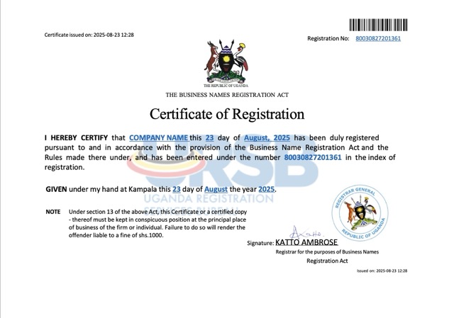 Uganda business name registration certificate Word and PDF template 